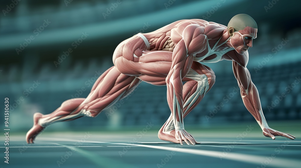 Sprinter Posw Muscular System in Athletic Pose: A muscular system illustration of a ...