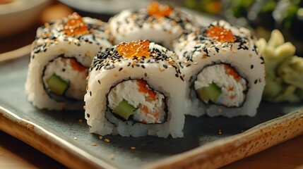 Wall Mural - Sushi Rolls with Sesame Seeds and Tobiko