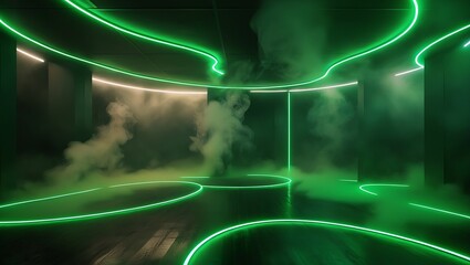 Wall Mural - Futuristic room with green neon lights and fog