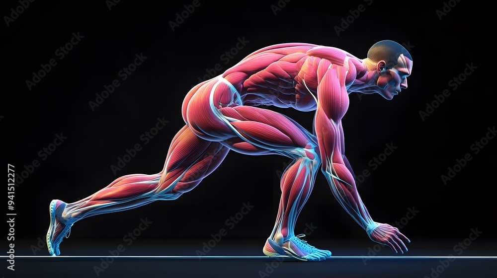 Sprinter Posw Muscular System in Athletic Pose: A muscular system illustration of a ...