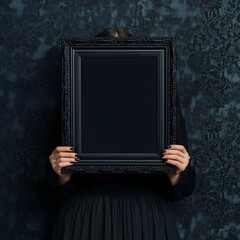 A woman is holding a black framed picture with a black background