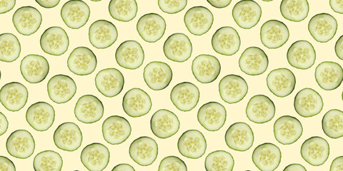 Wall Mural - Round cucumber slices on beige background, pattern design