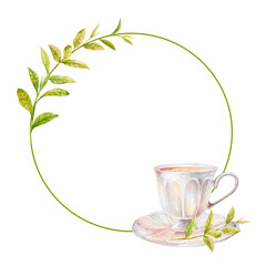 Watercolor green round frame of tea cup, saucer and leaves. Hand drawn green wreath illustration