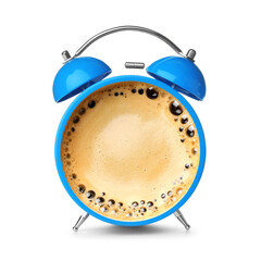 Sticker - Light blue alarm clock with coffee instead of dial on white background