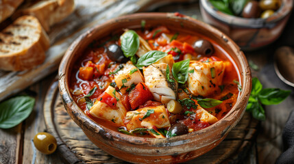 Wall Mural - a Mediterranean fish stew, with pieces of white fish, tomatoes, and olives, garnished with fresh basil, served in a rustic clay bowl with a side of crusty bread on a weathered wooden table