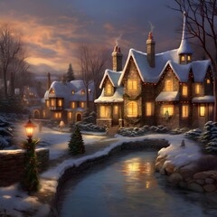 Wall Mural - Winter landscape of a cottage with a river in the background at night