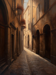 The image depicts a narrow, cobblestone street in a historic European town, likely in Italy or Croatia, with ancient stone buildings and arches lining the alley under the night sky The scene captures 