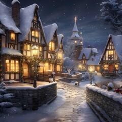 Wall Mural - Winter night in the old town. Christmas background. 3d rendering