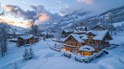 Poster - A snowy mountain town with many houses and a few cars