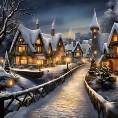 Wall Mural - Beautiful winter village with snow covered houses at night. Digital painting.