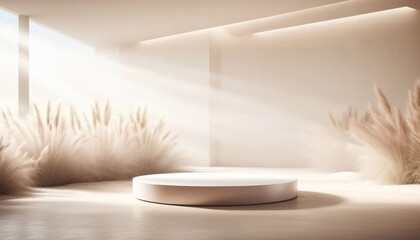 Wall Mural - the indoor area showcases a circular platform at the center, surrounded by fluffy pampas grass. soft