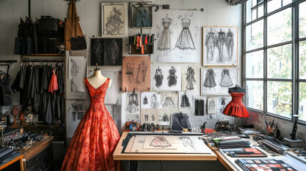 Wall Mural - A room with a red dress on a mannequin and a wall of drawings