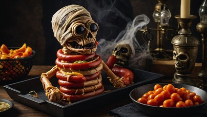 A Mummy Hot Dog DIY station, perfect for creative Halloween fun