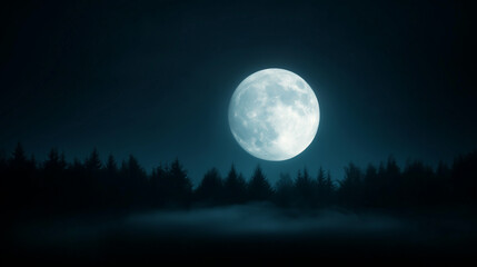 Wall Mural - halloween full moon shining over dark forest with silhouettes of gnarled trees and mist rising from 