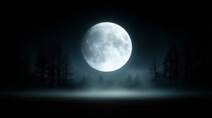 halloween full moon shining over dark forest with silhouettes of gnarled trees and mist rising from 