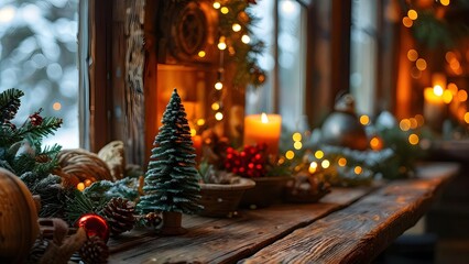 Wall Mural - Rustic Christmas Decor with Lit Candles and Festive Lights, Winter Home Ambiance. Generative AI