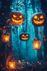 Wall Mural - This Halloween, glowing Jack o Lanterns are lit up in a dark forest