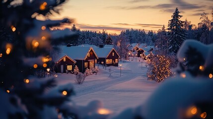 Wall Mural - Enchanting Winter Sunset Over Snowy Village with Twinkling Lights