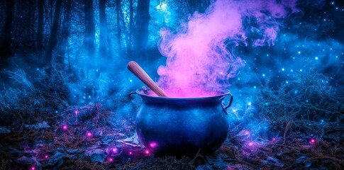 A magic potion with purple smoke is found in a forest at night