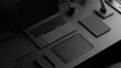 © SUNSU - Dark Minimalist Workspace: Sleek black tech and stationery essentials arranged meticulously on a matte black desk, embodying modern sophistication and productivity.