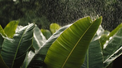 Wall Mural - Tropical Rain Shower on Lush Green Banana Leaves