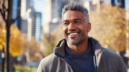 Wall Mural - Handsome Mature Man Smiling in Urban Autumn Setting