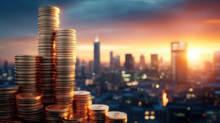 Wall Mural - Golden Coins Stacked High Against City Skyline at Sunset