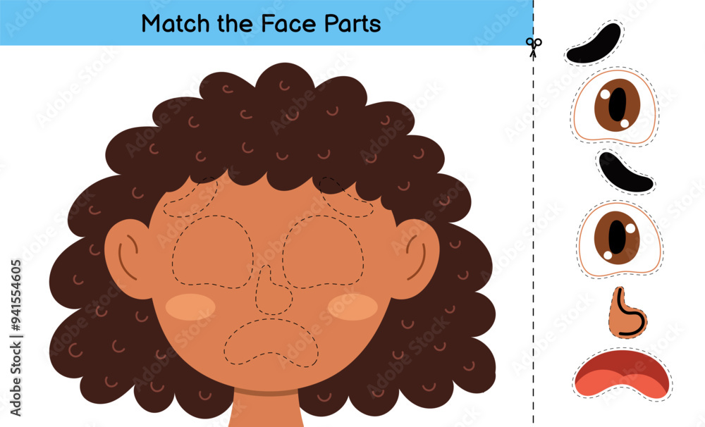 Face Parts cut and glue game with a cute girl. Educational activity ...