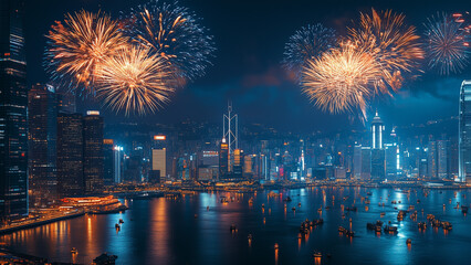 Illuminated High-Rises and Fireworks in the Night Sky