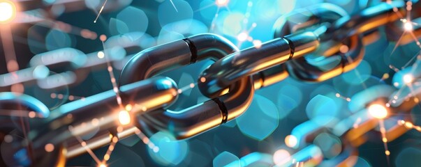 Close-up of a metallic chain link with glowing connections, symbolizing blockchain technology and digital connections.