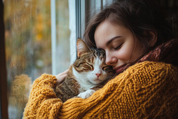 Beautiful young woman with cute cat resting at home on autumn day