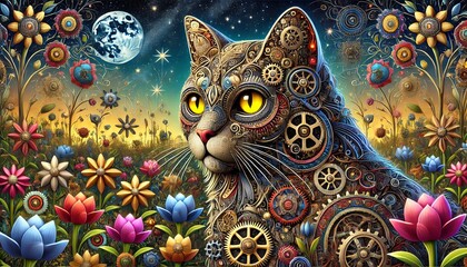 A cat with a unique, ornate, and mechanical design