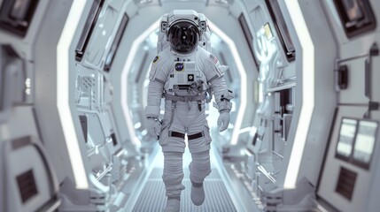 Wall Mural - Stock Photography, Non-binary astronaut preparing for space mission. Training facility, wearing spacesuit. Simulated spacecraft interior, technicians assisting with equipment