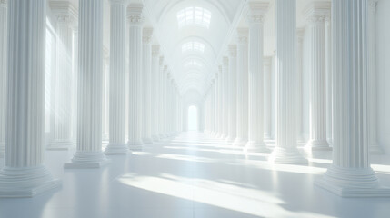 A large, empty room with white pillars and a sunlit atmosphere