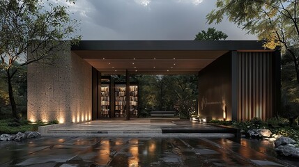 Modern architectural design featuring natural elements, serene ambiance, and stylish outdoor space illuminated by soft lighting.