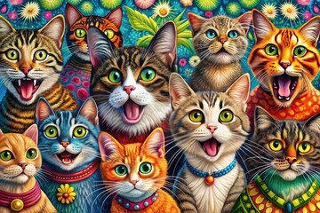 Naklejka na meble Catty Antics: Exaggerated cat expressions, vivid colors, bold patterns, humorous scenarios.