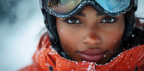 An image of a beautiful black woman girl skiing wearing a helmet in winter snow season on a trip for an outdoor activity or ice skating over a frozen lake.