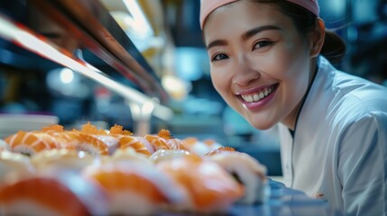 Joyful kitchen staff member preparing Asian cuisine, focusing on fish dishes for lunch orders in a restaurant environment