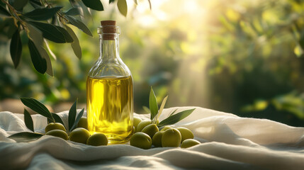 A bottle of olive oil is on a table with a bunch of olive leaves