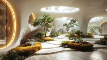 Futuristic Organic Architecture with Natural Elements and Modern Design in a Harmonious Indoor Space