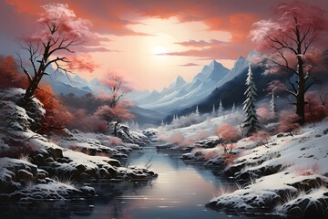 Wall Mural - Beautiful winter landscape with snowy mountains and river. Digital art painting.