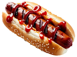 Wall Mural - Grilled sausage hot dog with ketchup and barbecue sauce on white background