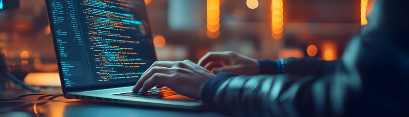 photo realistic as programmer coding on a glossy laptop in a tech office concept as camera movement 