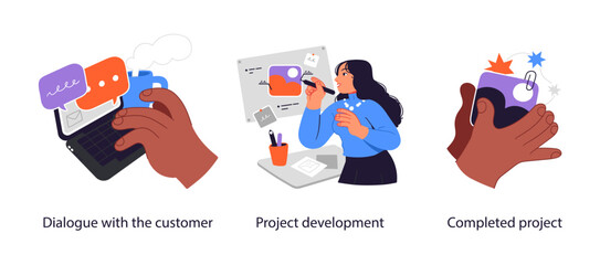 Business project management tools and phases - set of business concept illustrations. Visual stories collection.