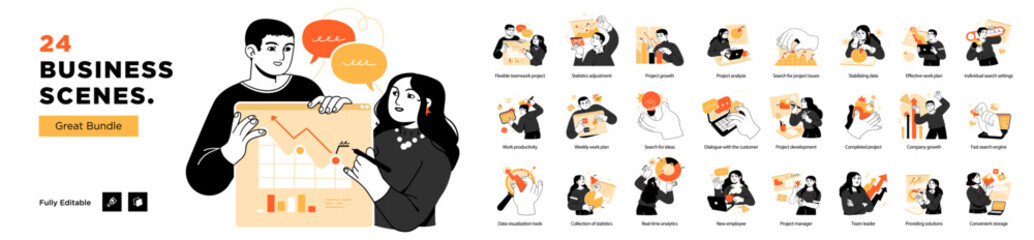 Wall Mural - business concept illustrations. mega set. collection of scenes with men and women taking part in bus