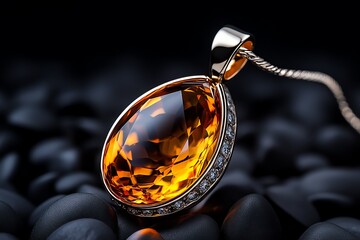 Aufkleber - A minimalist design of an amber pendant, with its warm, honey-colored glow set against a simple, dark background, highlighting its natural beauty