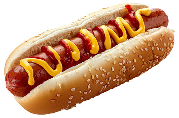 Wall Mural - Close-up of a hot dog with mustard and ketchup on a sesame bun