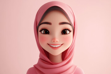 Wall Mural - A cartoon girl with a pink scarf on her head