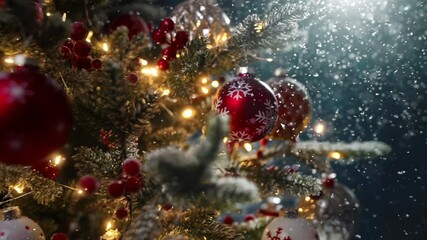 Wall Mural - glowing christmas tree decorated with red and gold balls