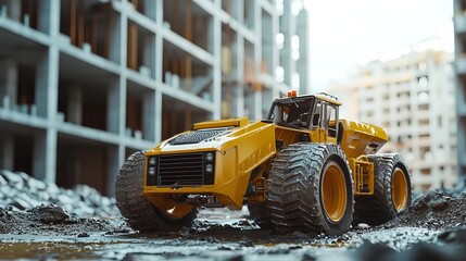 A detailed toy construction vehicle on a debris-filled construction site, showcasing vibrant colors and realistic design.